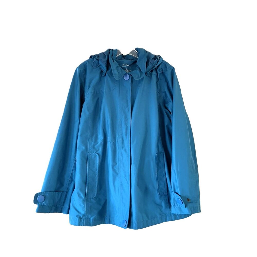 L.L. Bean Womens Large Teal Blue Hooded Rain Jacket Breathable Lined Windbreaker